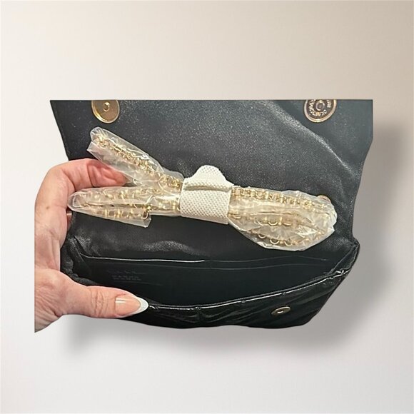 New Nicole Miller Black Quilted Crossbody Bag Chevron Gold Chain Cocktail Party - Picture 10 of 12